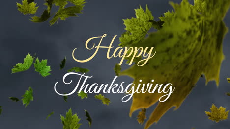 Animation-of-happy-thanksgiving-text-over-green-leaves-against-cloudy-sky
