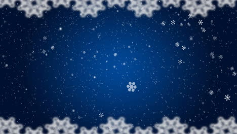 Animation-of-christmas-snowflakes-and-snow-falling-on-blue-background