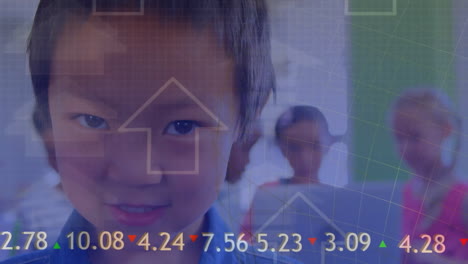 Animation-of-arrows-and-trading-board-over-smiling-asian-boy-standing-in-classroom