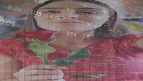 Animation-of-graphs,-trading-board-over-beautiful-caucasian-woman-smelling-rose-and-kissing-camera