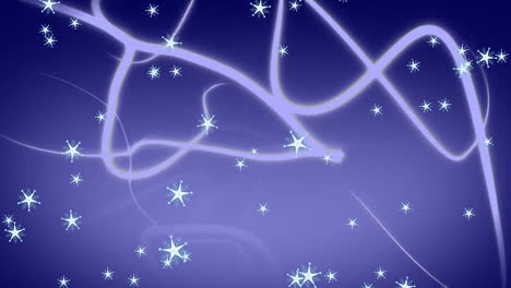 Animation-of-falling-snowflakes-over-lines-of-light-on-purple-background