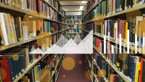 Animation-of-spots-and-data-processing-with-world-map-over-books-on-shelves-in-library