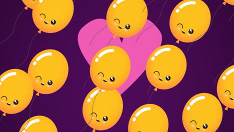 Animation-Von-Luftballons-Und-Rosa-Herzen-Auf-Violettem-Hintergrund