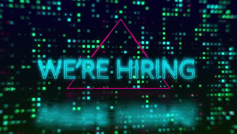 Animation-of-we're-hiring-text-and-neon-pattern-over-black-background