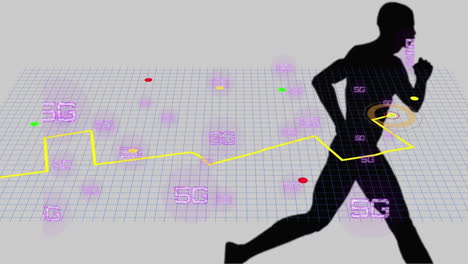 Animation-Der-Gelben-Routenverarbeitung-Auf-Dem-Gitter-über-Einem-Silhouettenläufer-Auf-Grauem-Hintergrund