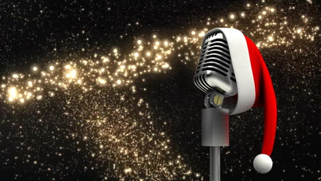 Animation-of-retro-microphone-with-christmas-santa-hat-with-shooting-star