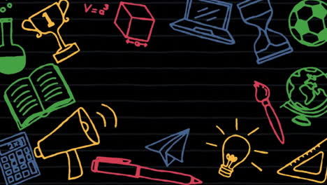 Animation-of-colourful-school-equipment-icons-and-central-copy-space-on-black-chalkboard