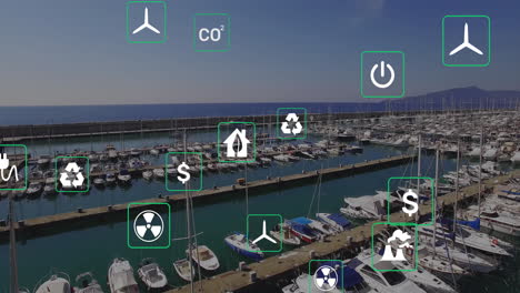 Animation-Von-Öko-Symbolen-Und-Datenverarbeitung-über-Einem-Seehafen