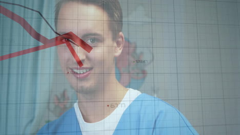 Animation-of-financial-data-processing-over-caucasian-male-doctor-in-hospital