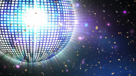 Animation-of-disco-ball-spinning-over-confetti-on-black-background