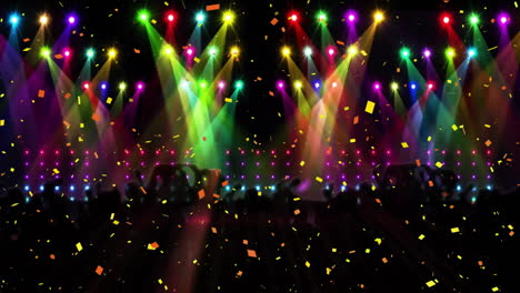 Animation-of-confetti-falling-over-multi-coloured-light-trails-on-black-background