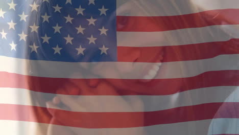 Animation-of-national-flag-of-america-waving-over-close-up-of-beautiful-smiling-biracial-woman