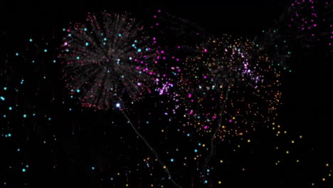 Animation-of-countdown-and-fireworks-exploding-on-black-background