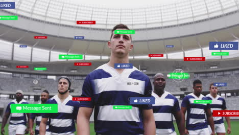 Animation-Von-Social-Media-Benachrichtigungen-über-Ein-Vielfältiges-Männliches-Rugby-Team-Im-Stadion