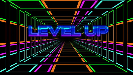 Animation-of-level-up-text-and-neon-pattern-on-black-background