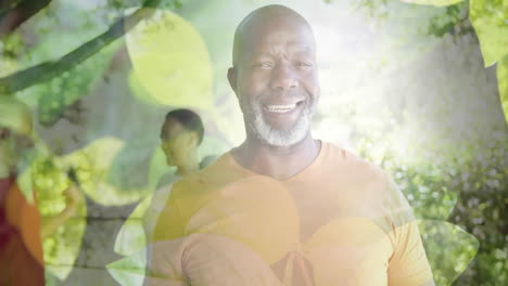 Animation-Von-Lichtflecken-Und-Bäumen-über-Einem-Lächelnden-älteren-Afroamerikanischen-Mann-Im-Garten
