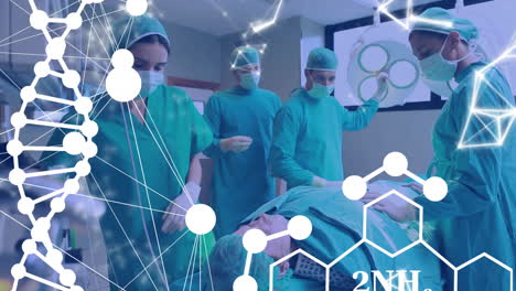 Animation-Von-DNA-Und-Netzwerken-über-Verschiedene-Chirurgen-Und-Patienten-Im-Operationssaal