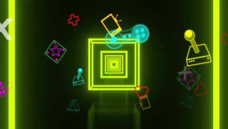 Animation-Eines-Gelben-Quadratischen-Tunnels-über-Videospiel-Controllern-Und-Symbolen-Auf-Lila
