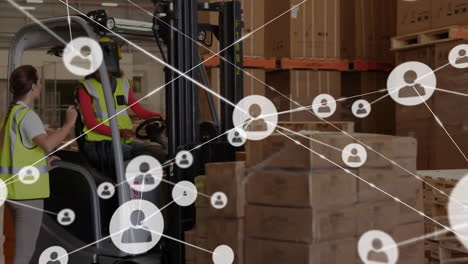 Animation-of-network-of-connections-over-diverse-people-working-in-warehouse