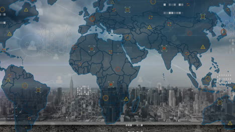 Animation-Der-Weltkarte-Und-Datenverarbeitung-über-Dem-Stadtbild