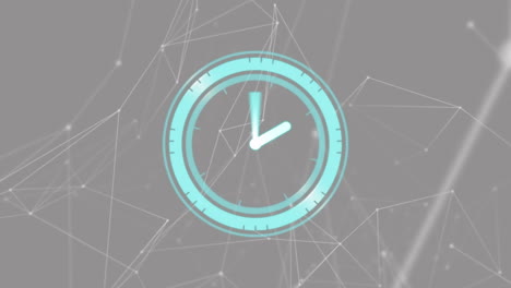 Animation-of-clock-and-data-processing-over-grey-background