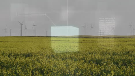 Animation-of-data-processing-and-shapes-over-wind-turbines-on-field