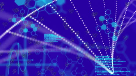 Animation-Von-Elementdiagrammen-Und-Medizinischer-Datenverarbeitung-über-DNA-Strang-Auf-Blauem-Hintergrund