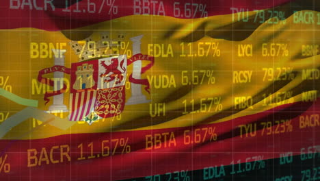 Animation-Der-Finanzdatenverarbeitung-über-Der-Flagge-Spaniens