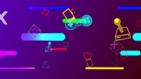 Animation-of-colourful-capsule-shapes-over-video-game-controllers-and-icons-on-purple