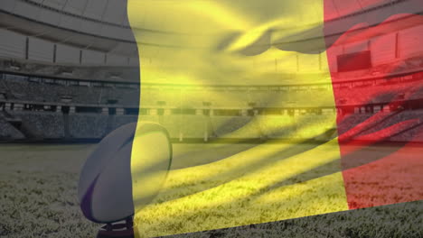 Animación-De-La-Bandera-Ondeante-De-Bélgica-Sobre-El-Estadio-Con-Pelota-De-Rugby.