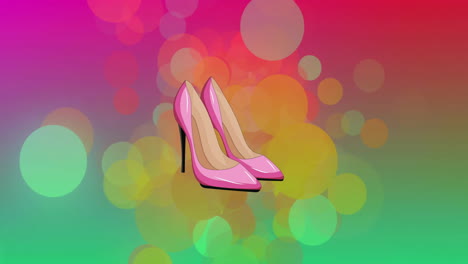Animation-of-pink-high-heels-over-light-spots-on-colourful-background