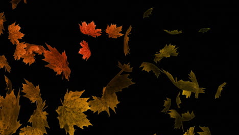 Animation-of-leaves-blowing-over-yellow-and-blue-smoke-on-black-background