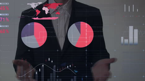 Animation-of-data-processing,-stock-market-and-world-map-over-caucasian-businessman-gesturing