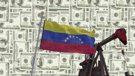 Animation-Einer-Ölbohrinsel-Und-Der-Flagge-Venezuelas-über-US-Dollar-Banknoten