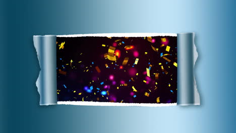 Animation-of-torn-piece-of-blue-paper-over-confetti-falling-on-black-background