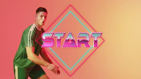 Animation-of-start-text-with-shapes-over-caucasian-male-soccer-player-kicking-ball