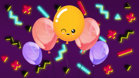 Animation-Von-Bunten-Luftballons-über-Neonsymbolen-Auf-Violettem-Hintergrund