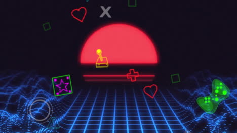 Animation-Von-Videospielsymbolen-Und-Metaverse-Muster-Auf-Schwarzem-Hintergrund