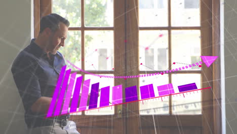 Animation-of-purple-diagram-over-caucasian-man-using-smartphone