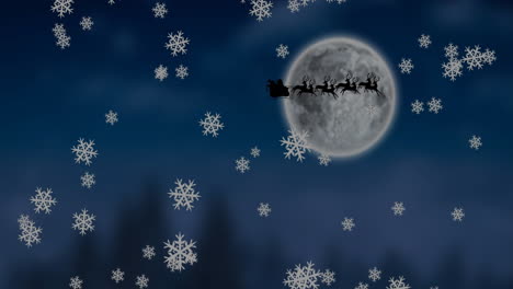 Animation-of-snow-falling-over-santa-claus-in-sleigh-and-full-moon