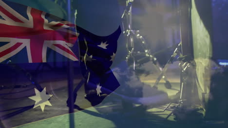 Animación-De-La-Bandera-De-Australia-Sobre-Un-Hombre-Caucásico-Tocando-La-Batería.