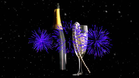 Animation-of-fireworks-over-pearl-necklace-in-champagne-glass-and-bottle