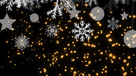 Animation-of-christmas-snowflakes-falling-and-spots-of-light-on-black-background