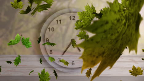 Animation-of-green-and-autumnal-leaves-falling-over-clock-with-fast-moving-hands