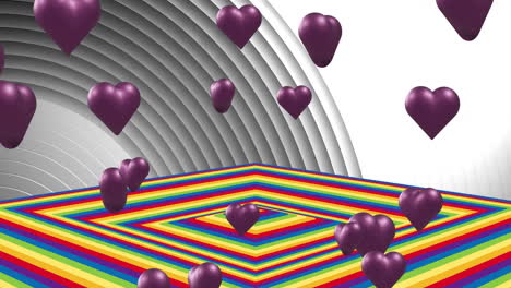 Animation-of-purple-heart-shape-balloons-with-rainbow-color-squares-over-circular-pattern