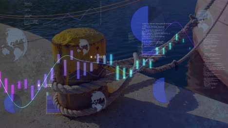 Animation-Der-Verarbeitung-Finanzieller-Daten-über-Einem-Seehafen-Und-Einem-Globus