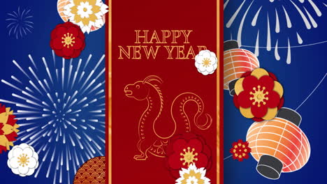 Animation-of-happy-new-year-text-and-dragon-symbol-with-chinese-pattern-background