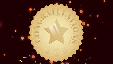 Animation-of-congratulations-text-and-star-on-gold-medal-over-confetti-and-orange-light-spots