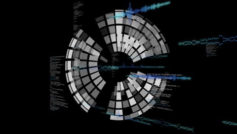 Animation-of-data-processing-and-spinning-globe-over-black-background