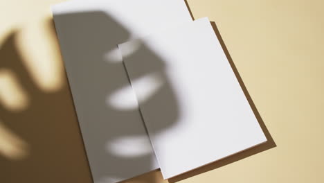 Video-Des-Schattens-Einer-Pflanze-über-Büchern-Mit-Leeren-Weißen-Seiten-Und-Platz-Zum-Kopieren-Auf-Gelbem-Hintergrund
